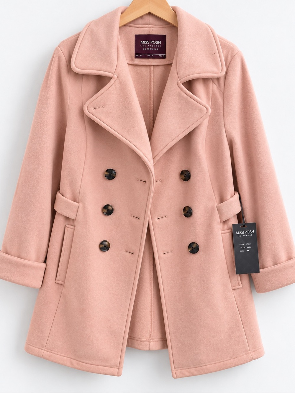 Miss Posh NWT Blush Pink Double Breasted Peacoat Belted Jacket 3X